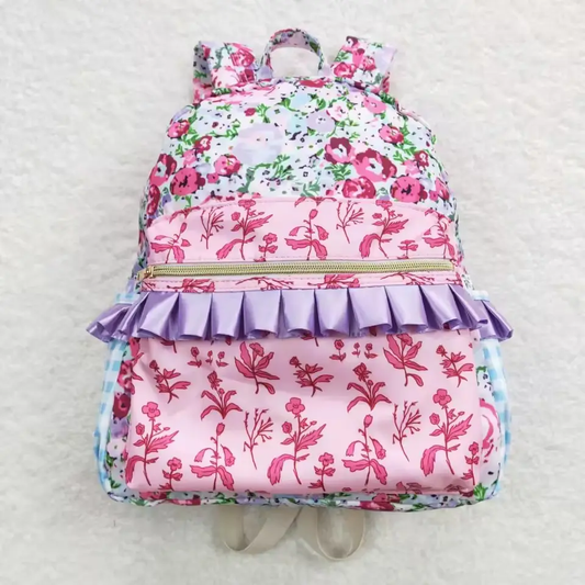 Children Plaid Flower Print Backpack Boy and Girls Zipper Waterproof Backpack Toddler Ruffle School Book Bags