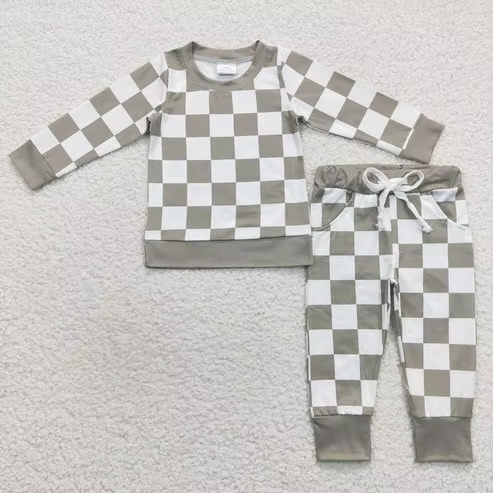 Toddler Boys Fall Winter Clothing Boutique Children Two Piece Plaid Jogger Set Baby Boys Top and Pants Pajamas Set