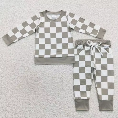 Toddler Boys Fall Winter Clothing Boutique Children Two Piece Plaid Jogger Set Baby Boys Top and Pants Pajamas Set