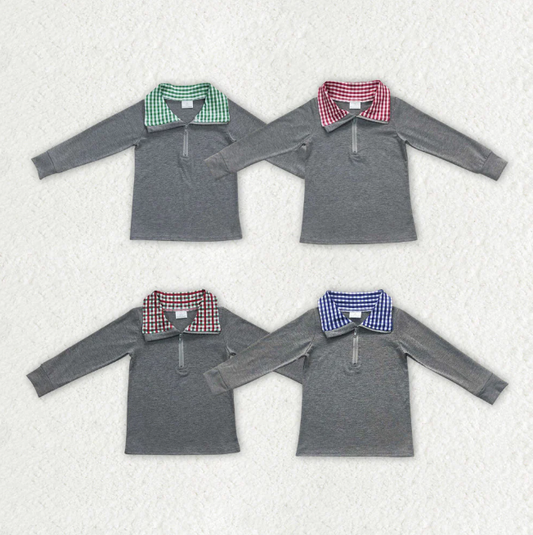 Wholesale Little Kids Boy Casual Tops Solid Grey Cotton Pullover Half Zipper Long Sleeve Shirt Tops Fall Clothes