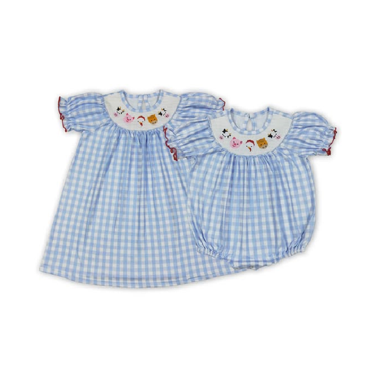Baby Girl Farm Animals Embroidery Blue Plaid Sisters Smocked Matching Clothes Toddler Girl Smocking Clothes