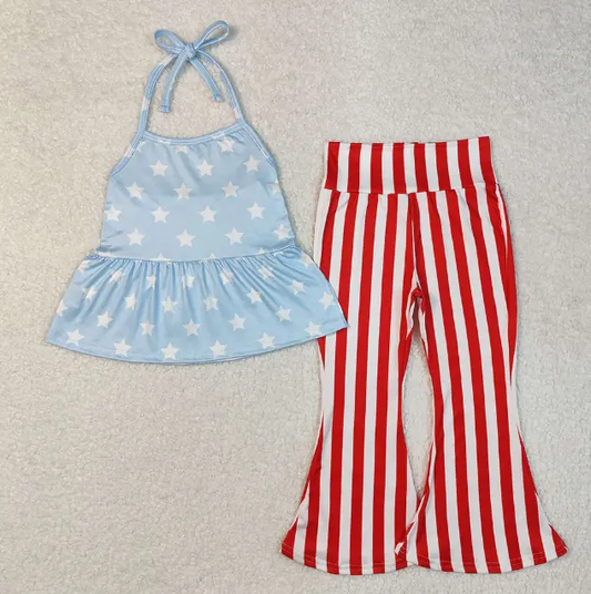 Wholesale Trendy Toddler Kids Girls 4th of July Clothes Sets Print Designs Bell Bottom Pants Patriotic Day Outfit