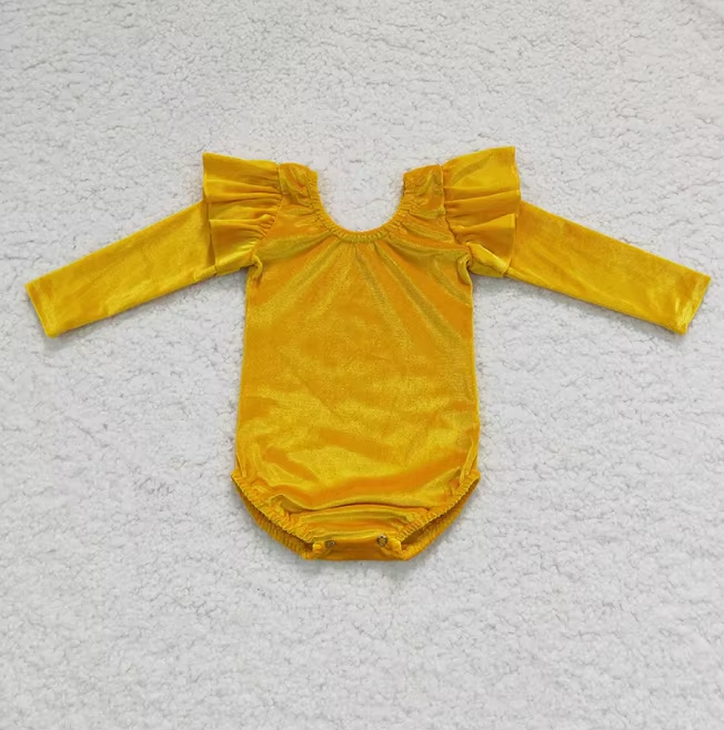 Wholesale Fall Kids Clothing Baby Ruffle Velvet Bodysuit Toddler Girl One Piece Long Sleeve Velour Jumpsuit Ready to Ship