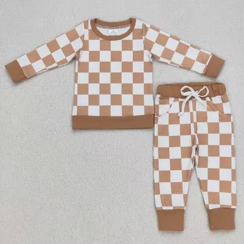 Toddler Boys Fall Winter Clothing Boutique Children Two Piece Plaid Jogger Set Baby Boys Top and Pants Pajamas Set