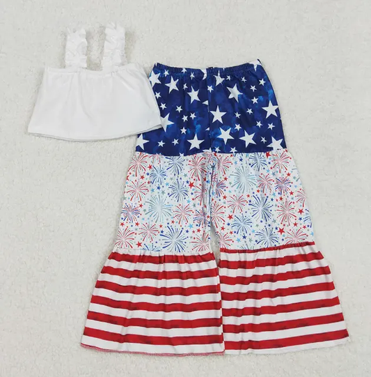 Kids Girls 4th of July Clothes Sets Print Designs Bell Bottom Pants Patriotic Day Outfit