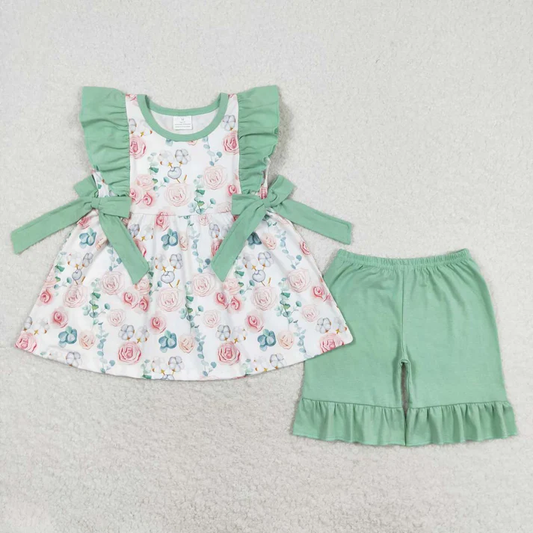 Low Moq Casual Children's Clothes Flowers Top Green Shorts Girls Summer Clothes Set