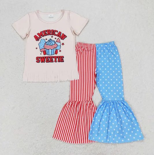 Girls 4th of July Clothes Sets Print Designs Bell Bottom Pants Patriotic Day Outfit