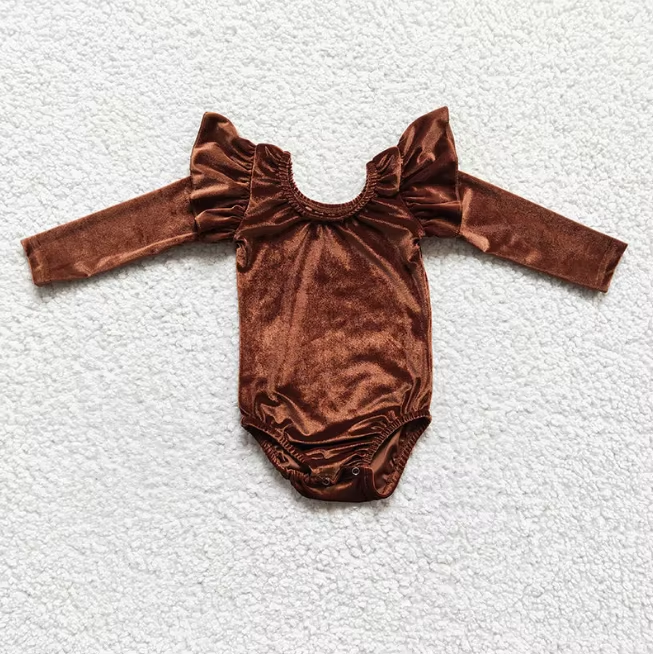 Wholesale Fall Kids Clothing Baby Ruffle Velvet Bodysuit Toddler Girl One Piece Long Sleeve Velour Jumpsuit Ready to Ship