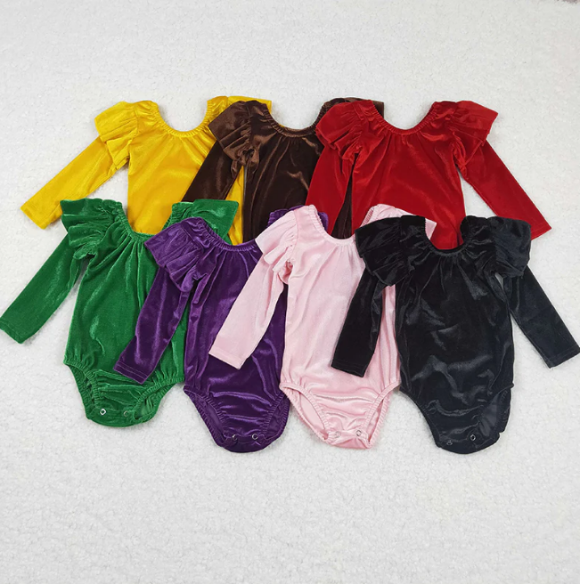 Wholesale Fall Kids Clothing Baby Ruffle Velvet Bodysuit Toddler Girl One Piece Long Sleeve Velour Jumpsuit Ready to Ship