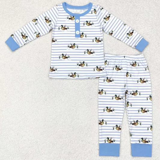 RTS Long Sleeve Fall Stripes Kids Pajama Set Boutique Kids Clothing Ducks Print Kids Two Piece Set
