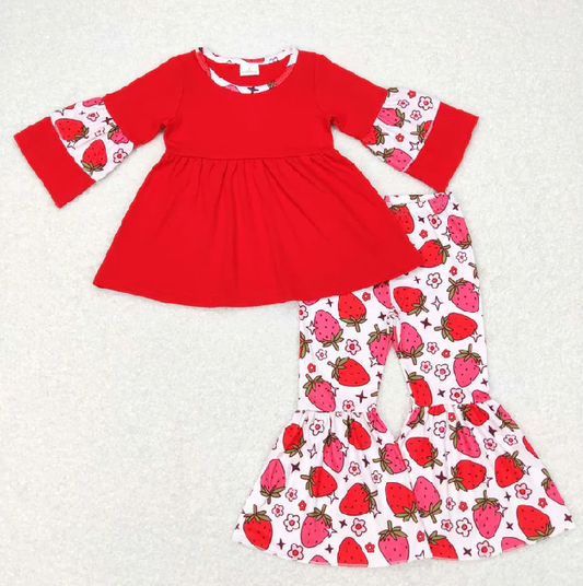 Children Girl Red Tunic Dress Long Pants Sets Baby Girl Red Strawberry Ruffle Sleeve Dress Bell Pants Clothes